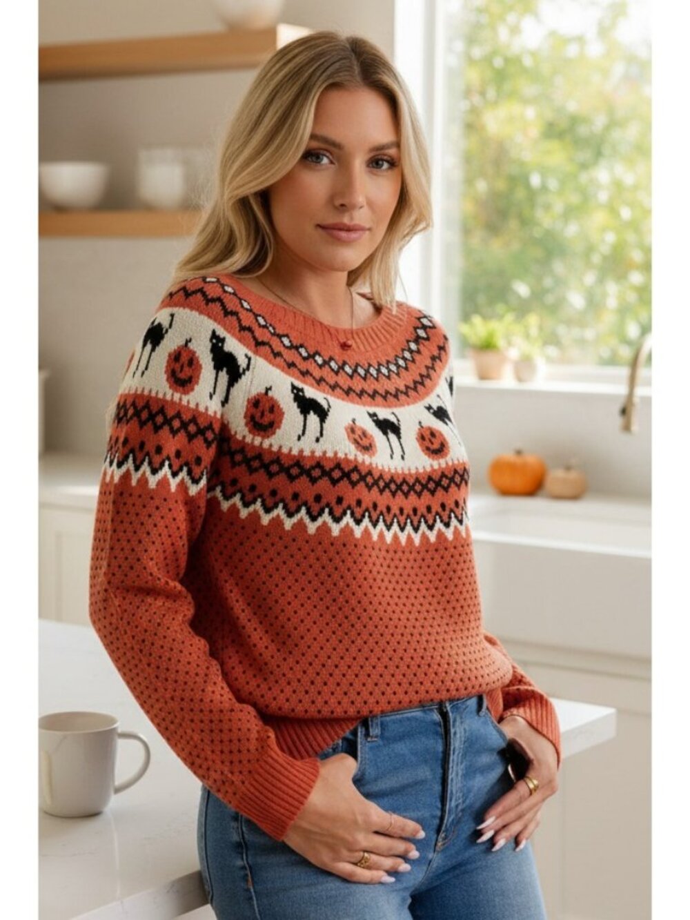 Black Cat Jack-O'-Lantern Pumpkin Fair Isle Halloween Top Crew Neck Knit Sweater